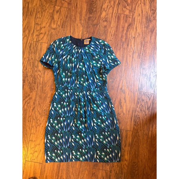 Tory Burch Dresses & Skirts - Tory Burch Womens Silk Short Sleeve Abstract Peacock Print Dress Blue Green Sz 8